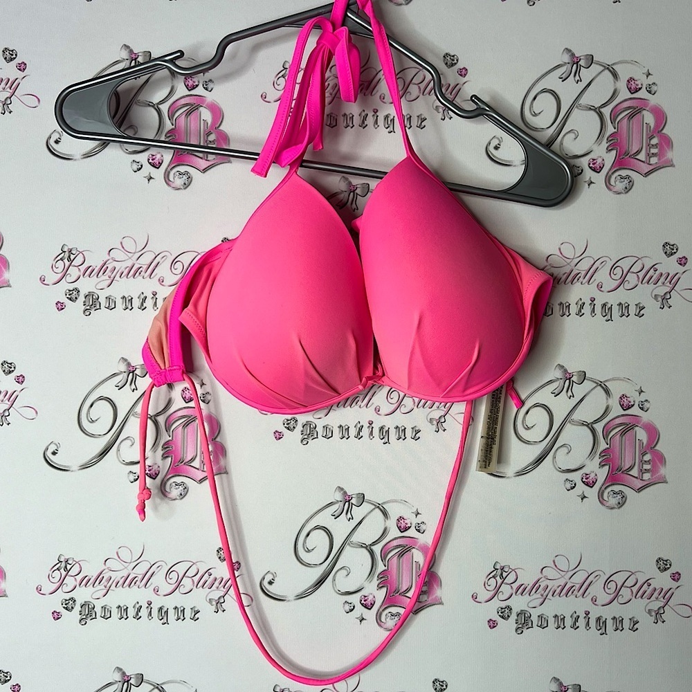 Victoria's Secret Hot Pink Bikini Top 34ddd strappy tie up neon